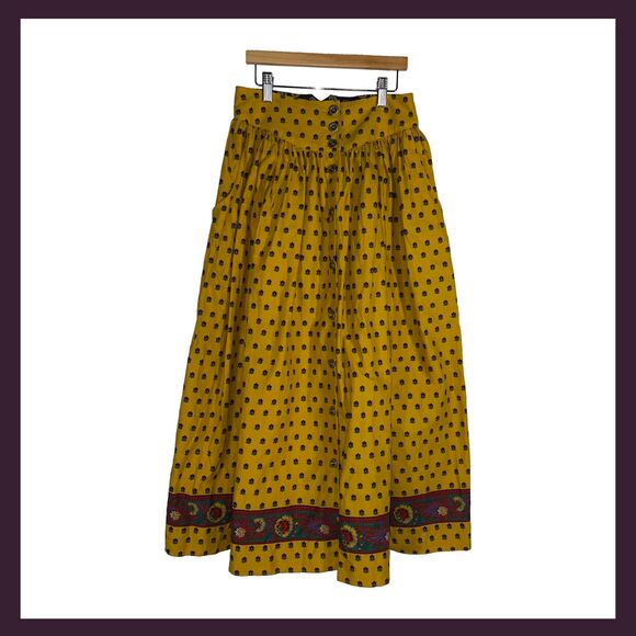 Vintage Liz Sport Yellow Peasant Floral Cotton Skirt Size 8 Button Front Boho - Picture 1 of 9